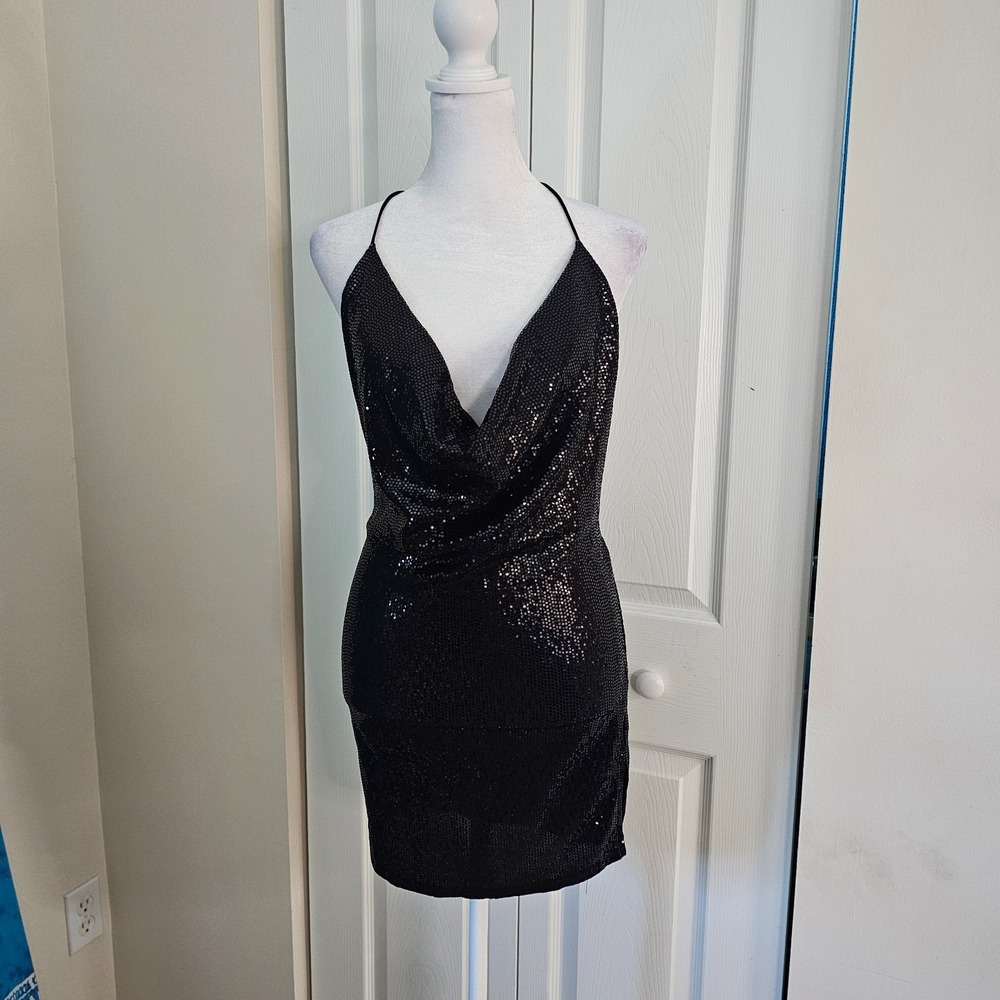Fashion Nova Black Sequin Mini Dress Open Back Halter Cowl Neck Party Club Small
